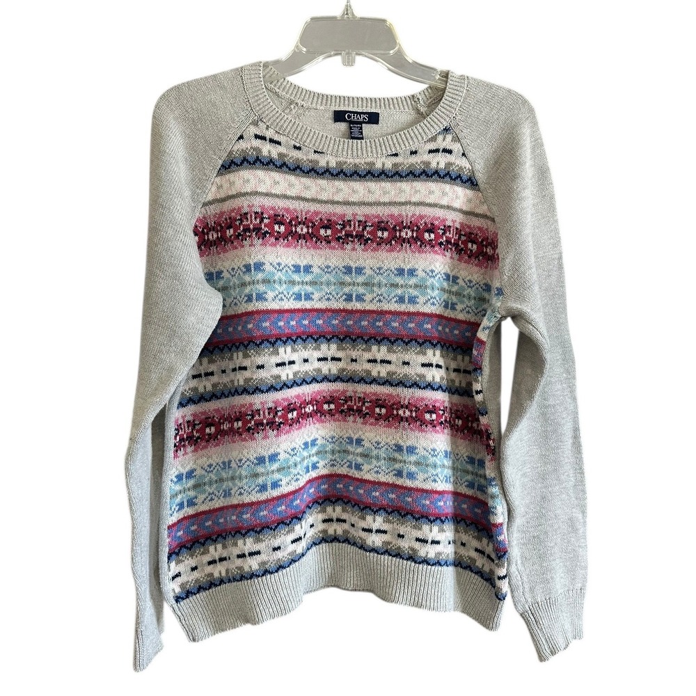 Chaps Womens Fair Isle Knit Sweater XL Gray Pink Blue Geometric Cozy Pullover